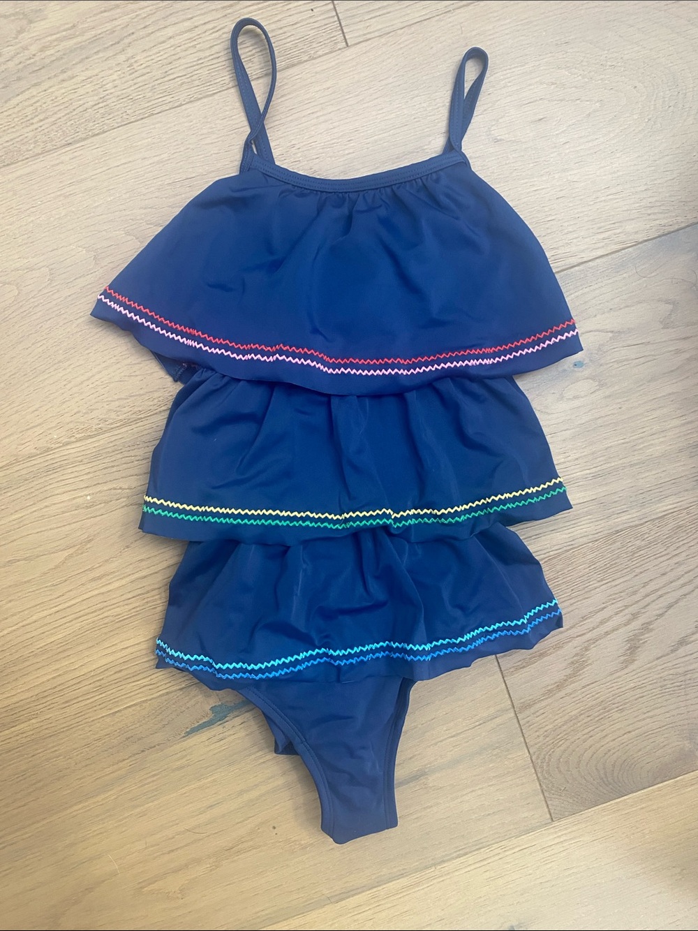 Hanna Andersson Navy Tiered Ruffle One-Piece Swimsuit with Multicolor Trim